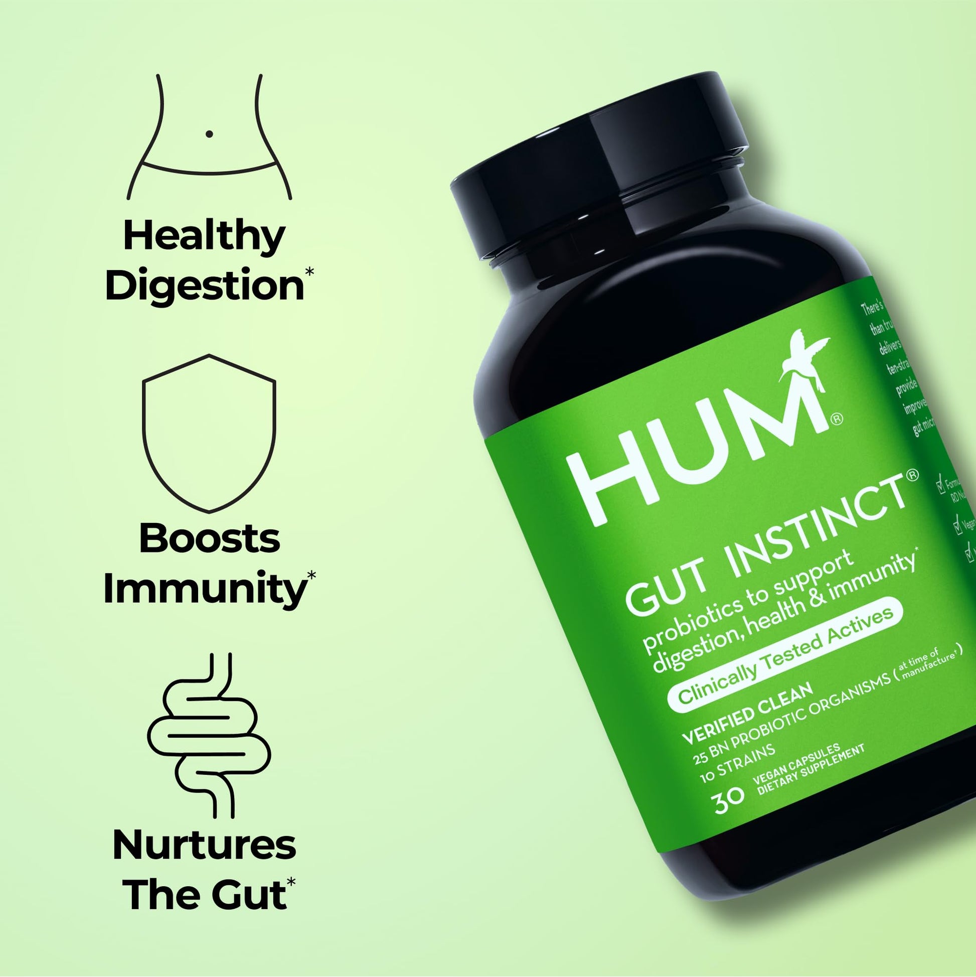 HUM Gut Instinct vegan supplement bottle highlighting the 25 billion CFU claim