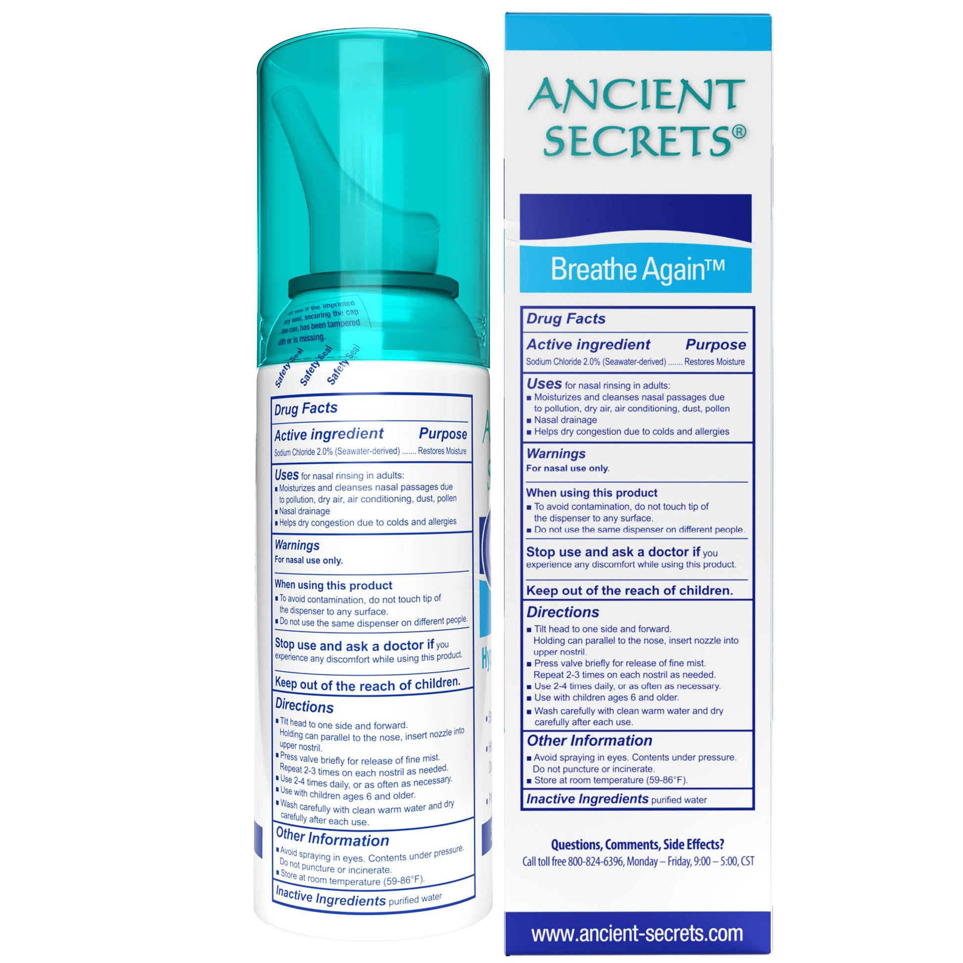 Ancient Secrets sinus relief spray packaging details showcasing the non medicated formula