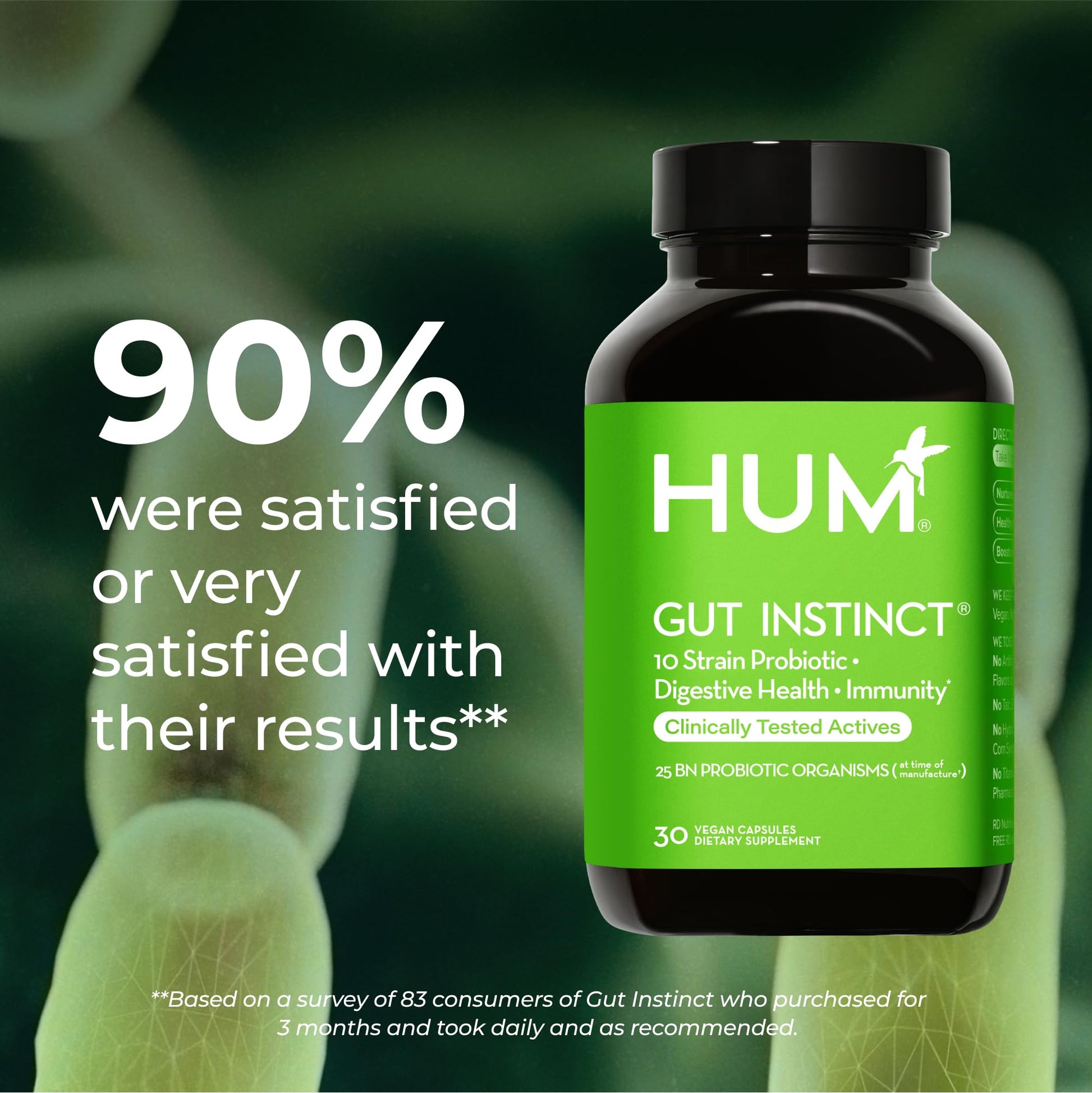 Side view of HUM digestive health probiotics showing the Clean Label Project certification