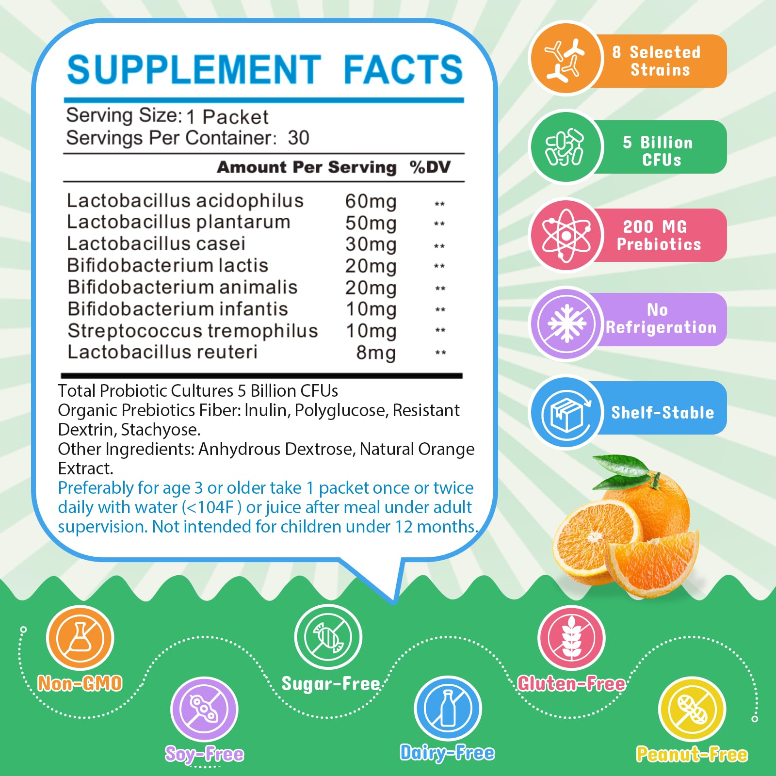ZEBORA children prebiotic and probiotic orange flavor supplement packaging with active strain information