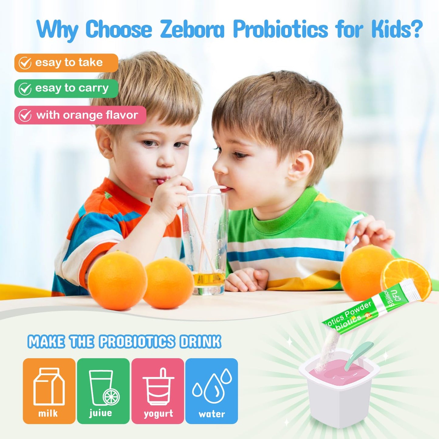 Side view of ZEBORA digestive enzymes kids supplement showing ingredients and five billion CFU counts