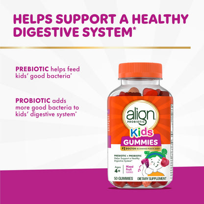 Align Kids chewable gut health supplement gummies nutritional information and ingredients label.