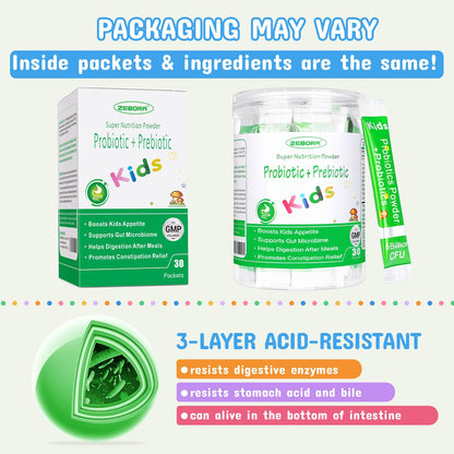 Individual single serve travel packets of ZEBORA children gut health powder spread out on surface
