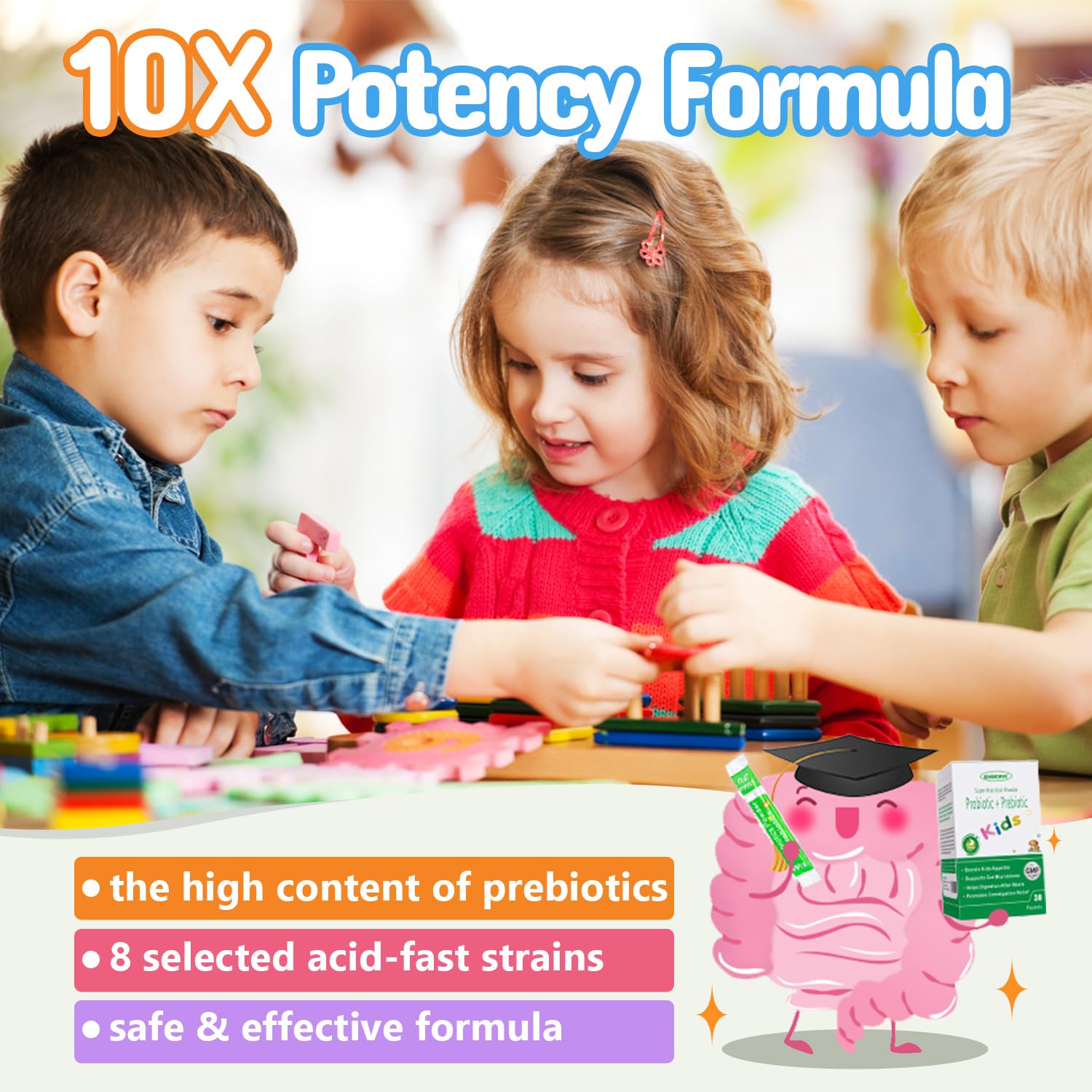 Close up view of the orange flavored ZEBORA probiotic powder packet for children constipation relief
