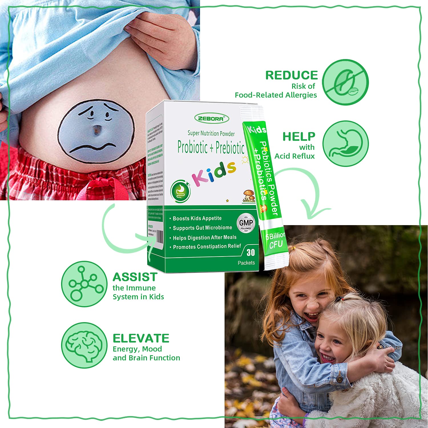 ZEBORA kids premium probiotic box with eight distinct strains for regular child bowel movements