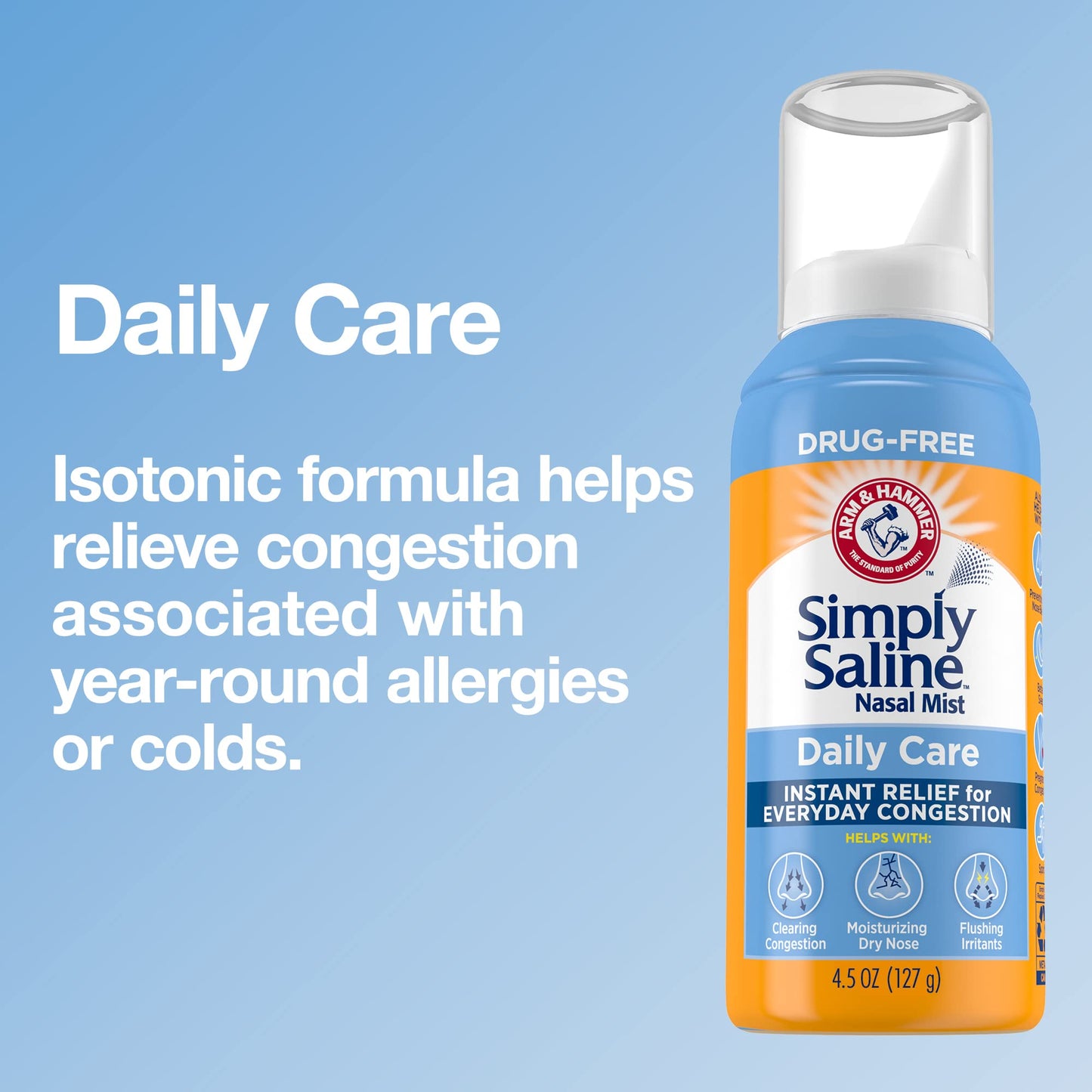 Three pack of Arm And Hammer drug free saline nasal spray bottles showing product details