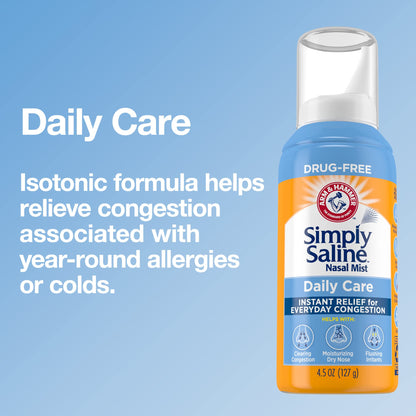 Three pack of Arm And Hammer drug free saline nasal spray bottles showing product details