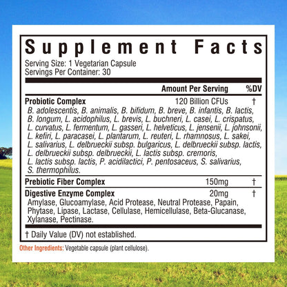 Innate Vitality 3-in-1 probiotic capsules packaging displaying 34 strains