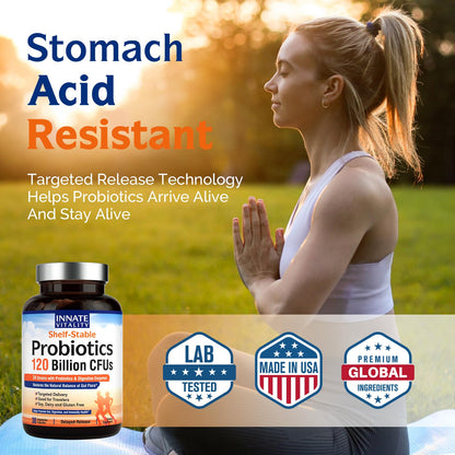 Side view of Innate Vitality acid resistant delayed release probiotic bottle