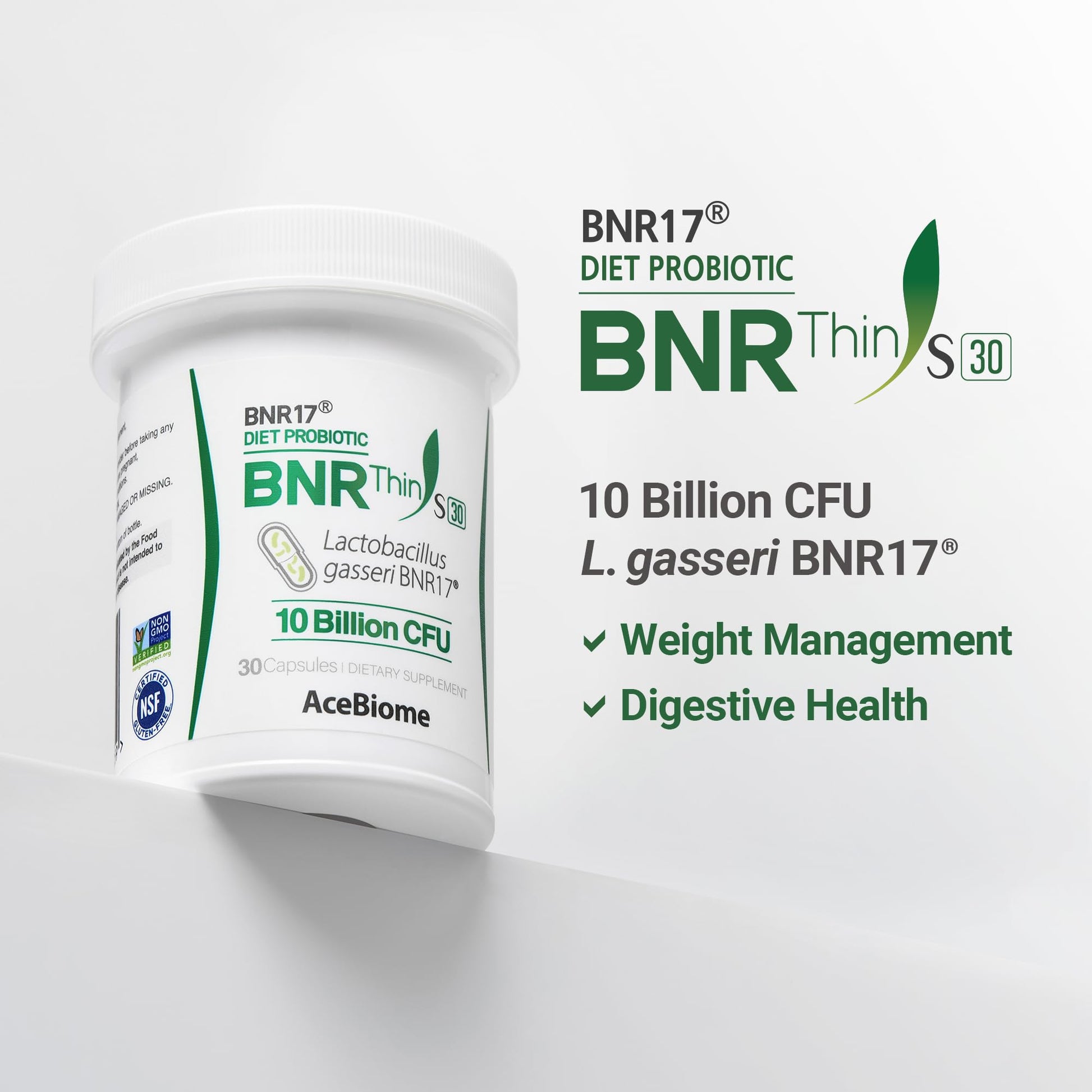 AceBiome Lactobacillus gasseri BNR17 supplement bottle showcasing the 10 Billion CFU guaranteed potency label.