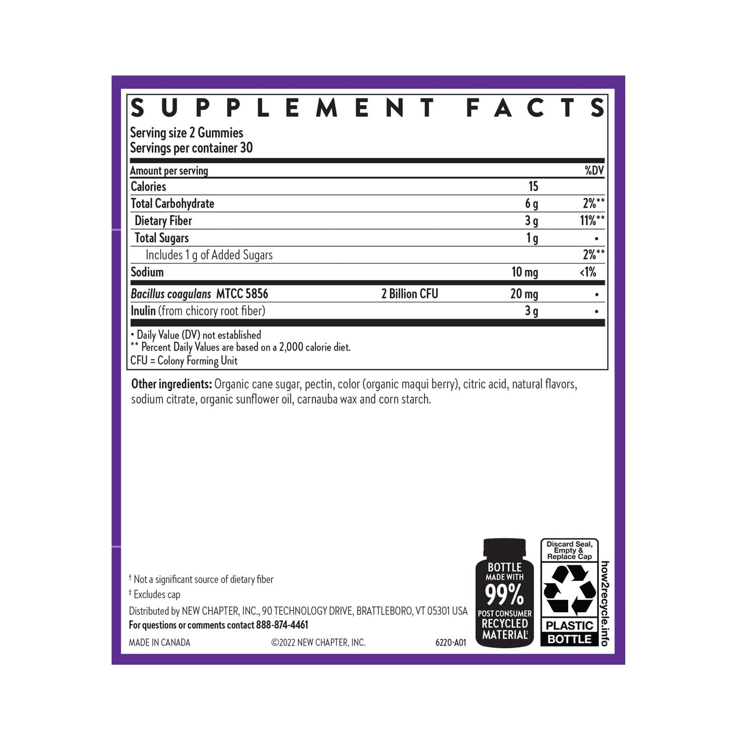 New Chapter Bacillus coagulans probiotic and prebiotic inulin fiber formulation display.