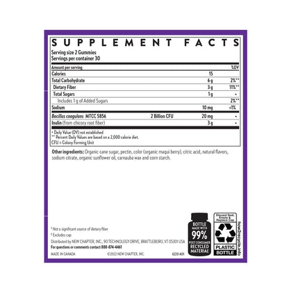 New Chapter Bacillus coagulans probiotic and prebiotic inulin fiber formulation display.