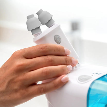 Side profile of adjustable antimicrobial nasal pillows showing the rotation mechanism