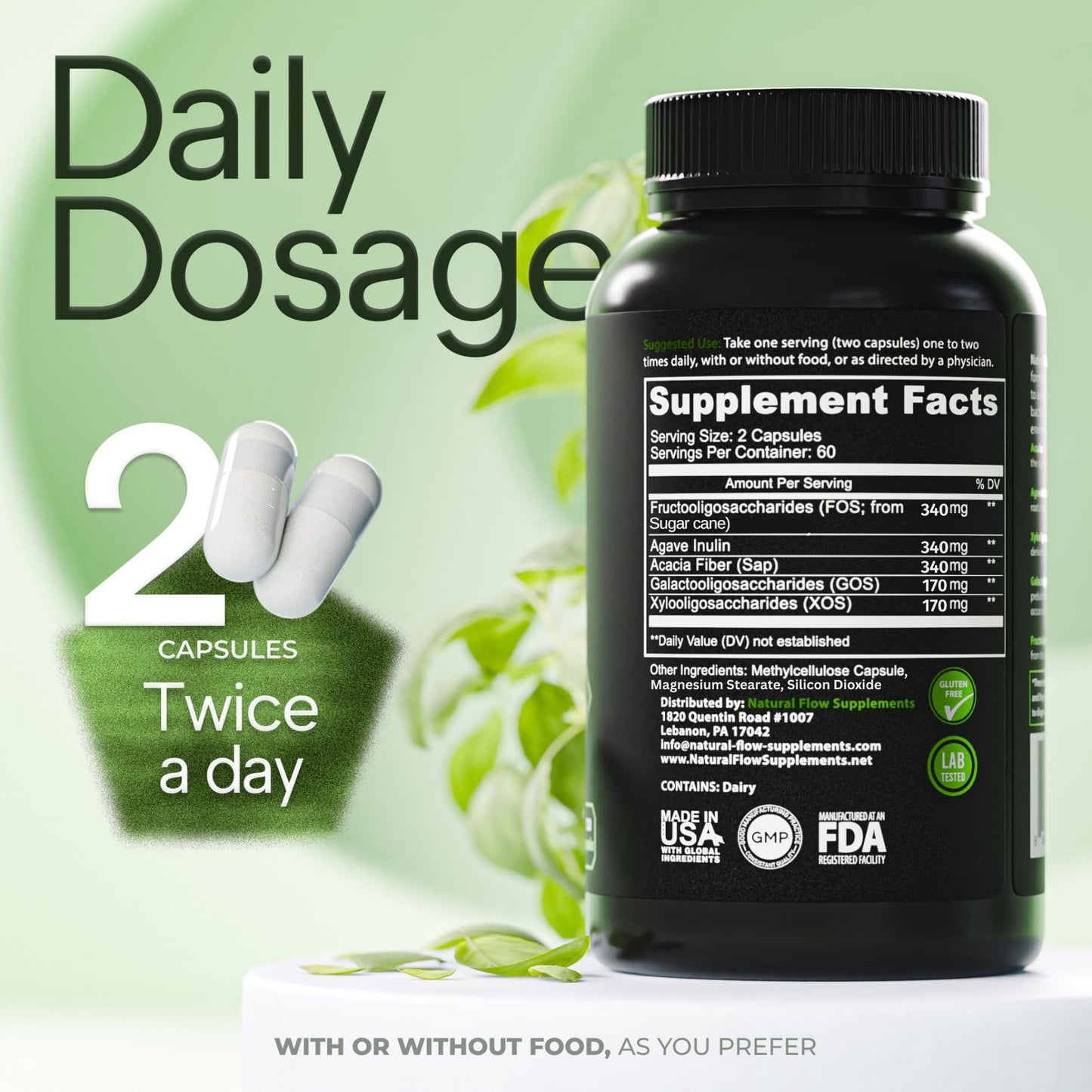 Side angle of the amber glass bottle containing 120 soluble fiber daily capsules for digestion.
