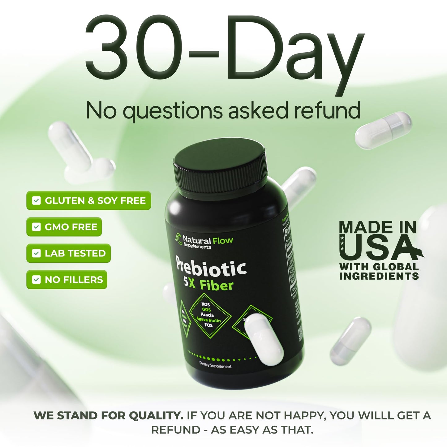 Natural Flow Supplements bottle placed next to natural prebiotic ingredients like Jerusalem artichoke and agave plants.