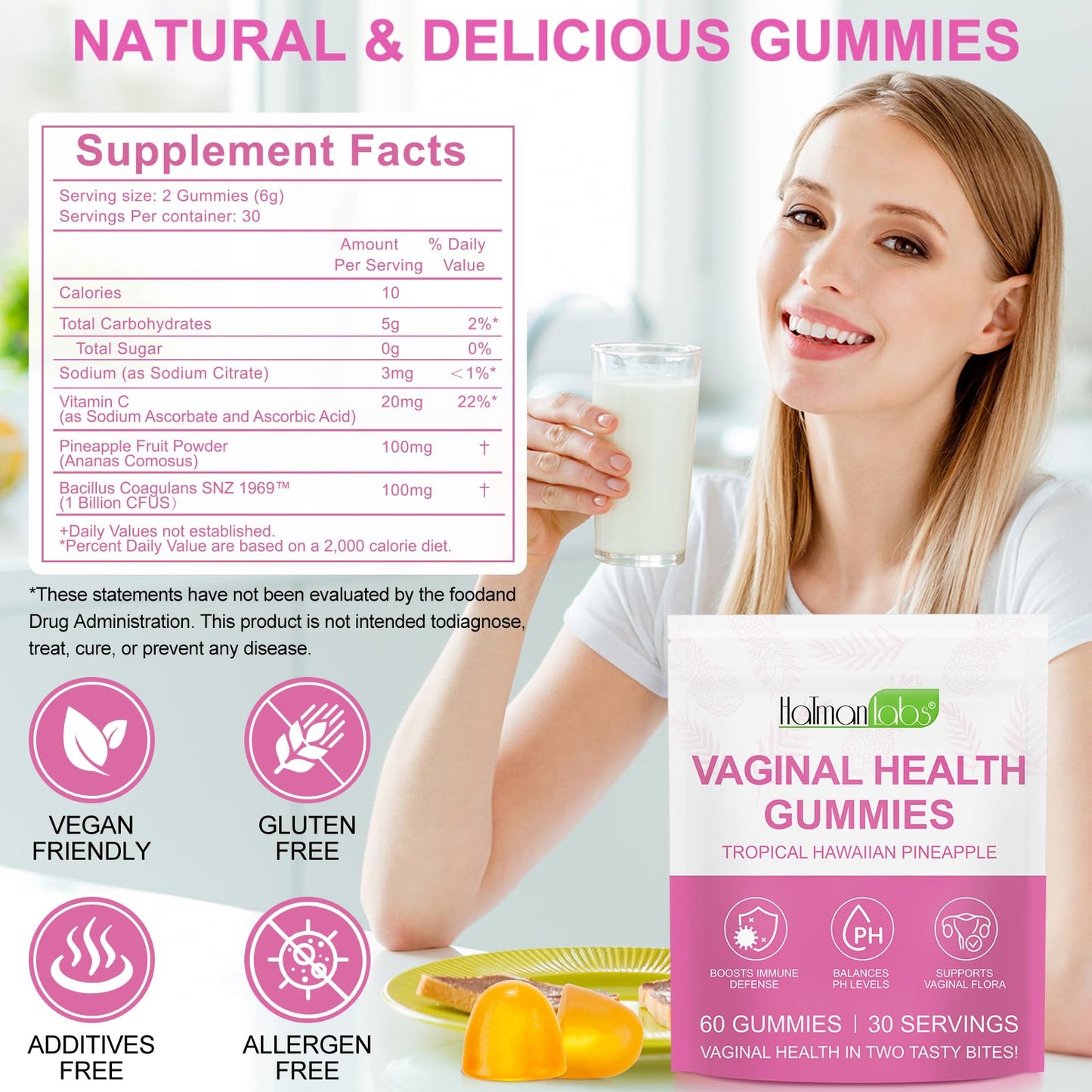 Mxczbsm feminine balance gummies packaging side view showing nutrition facts label