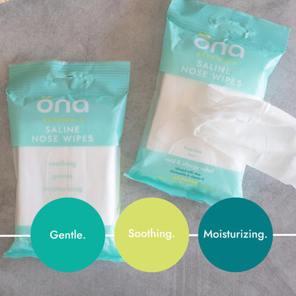 Ona fragrance free saline wipes pack of three displaying natural aloe and vitamin E ingredients.