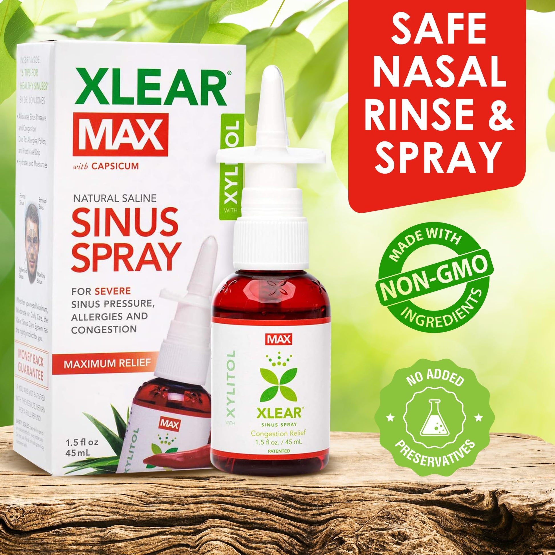 Xlear MAX sinus pressure relief spray red nozzle and label detailing natural ingredients