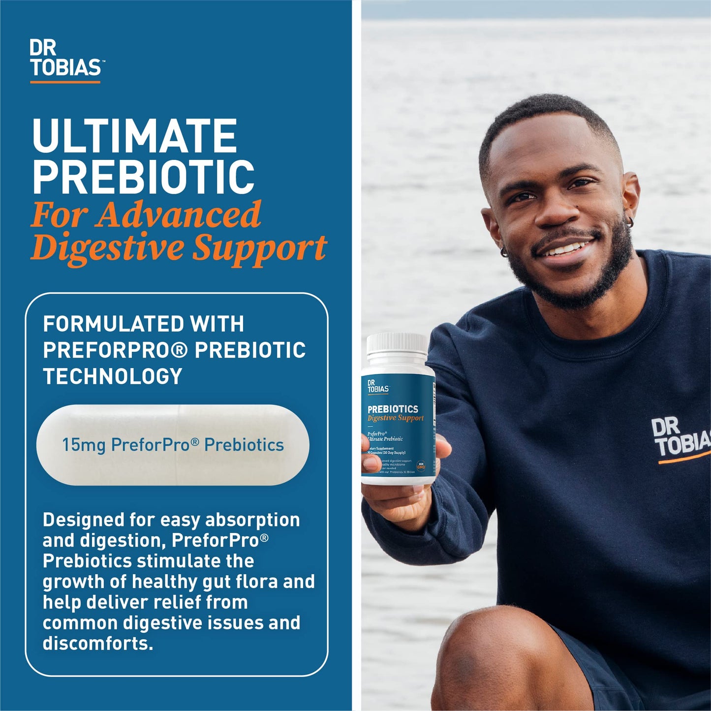Dr. Tobias Prebiotics supplement facts and PreforPro technology ingredient label view.