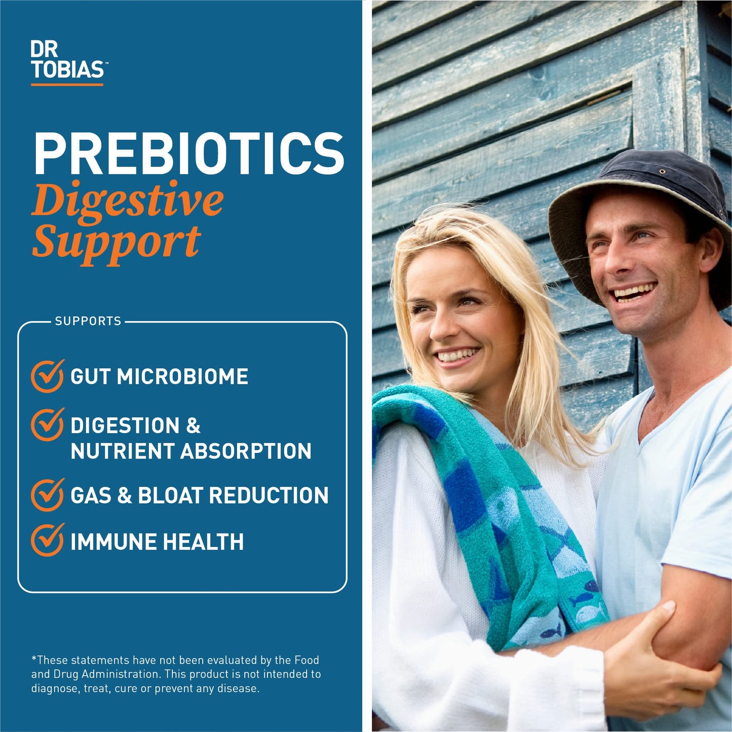Authentic Dr. Tobias vegan prebiotic capsules bottle showing digestive health benefits.