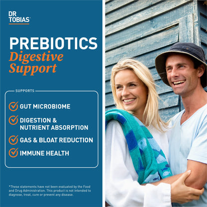 Authentic Dr. Tobias vegan prebiotic capsules bottle showing digestive health benefits.