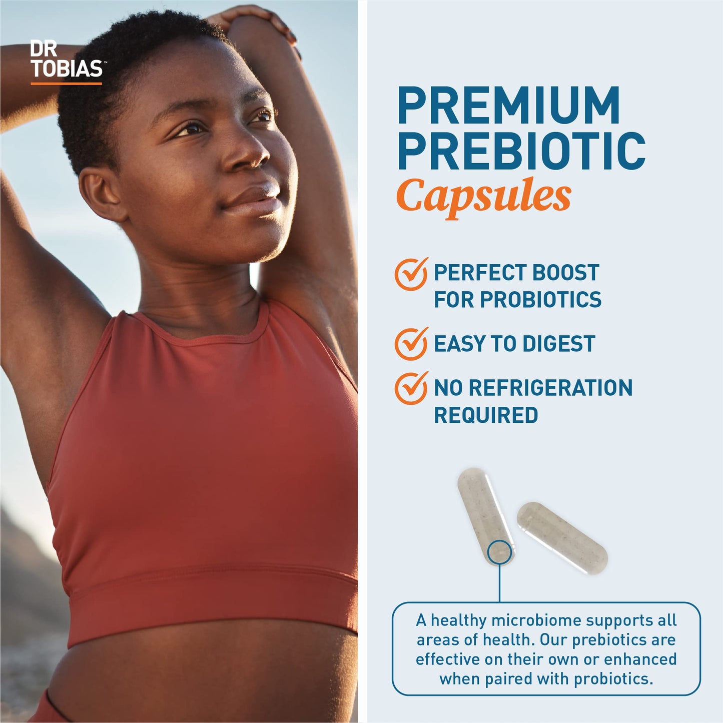 Dr. Tobias non-refrigerated gut health supplement bottle for microbiome balance.