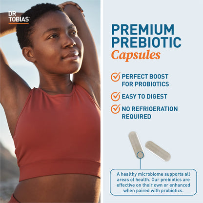 Dr. Tobias non-refrigerated gut health supplement bottle for microbiome balance.