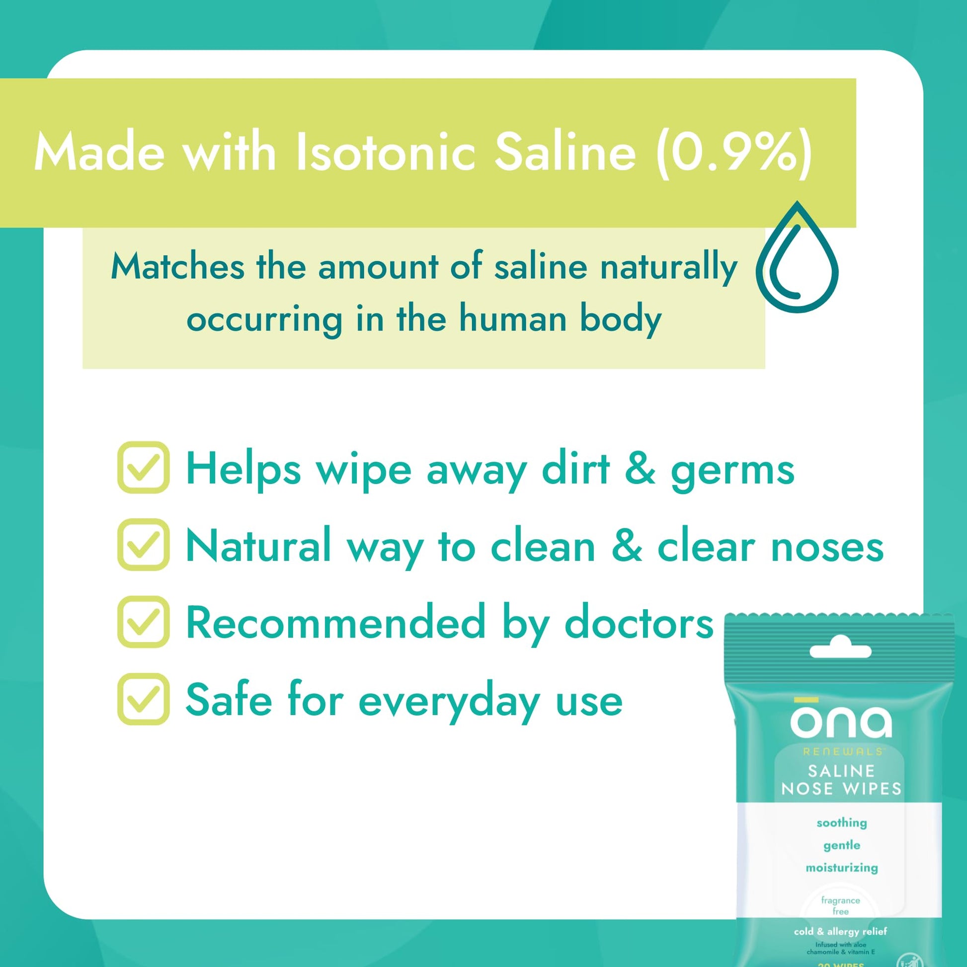 Side view of Ona saline nose wipes three pack bundle highlighting skin hydration benefits.
