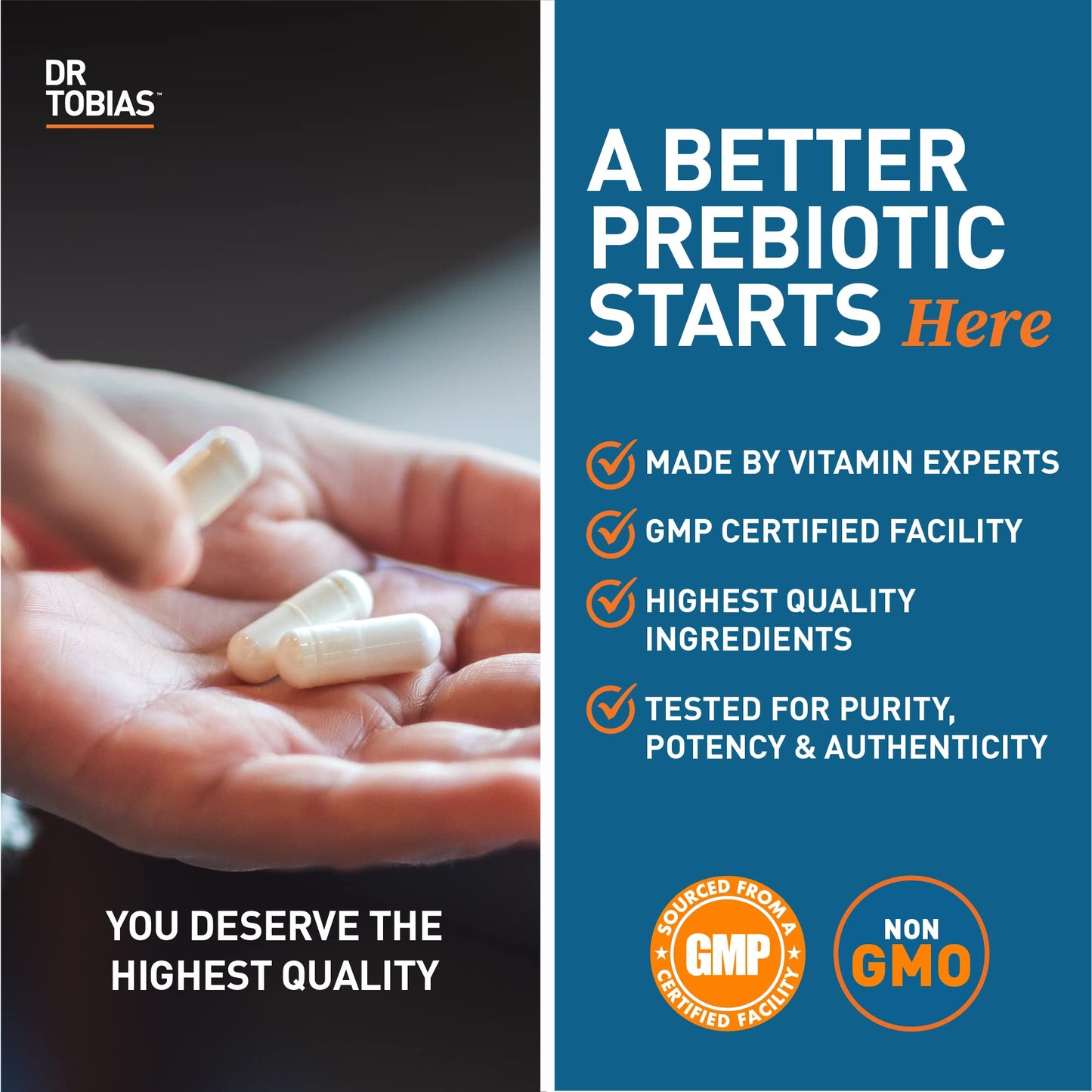 USA-imported Dr. Tobias advanced prebiotic supplement for bloating and gas relief.