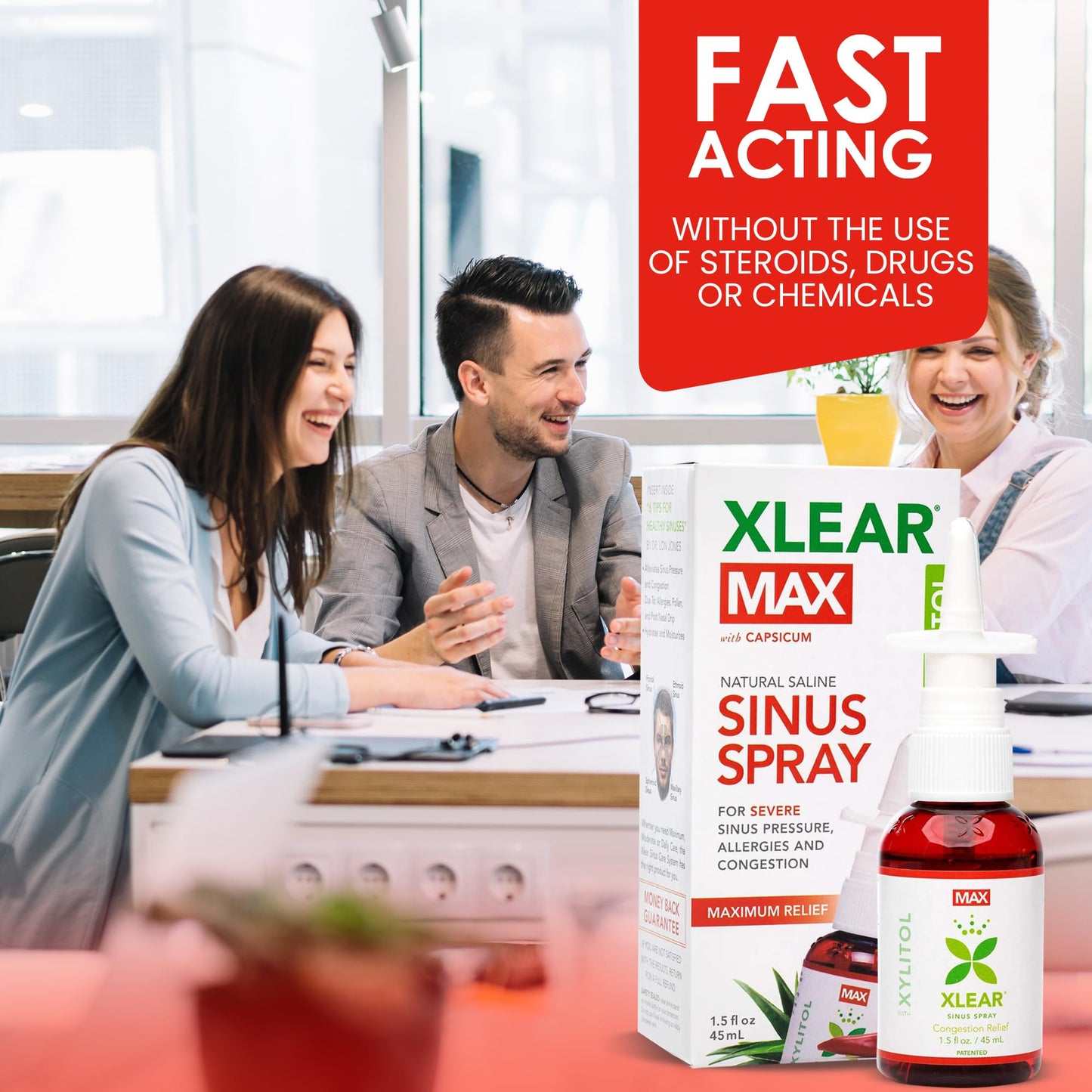Xlear MAX fast acting natural decongestant bottle with protective cap off