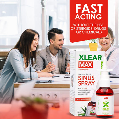 Xlear MAX fast acting natural decongestant bottle with protective cap off