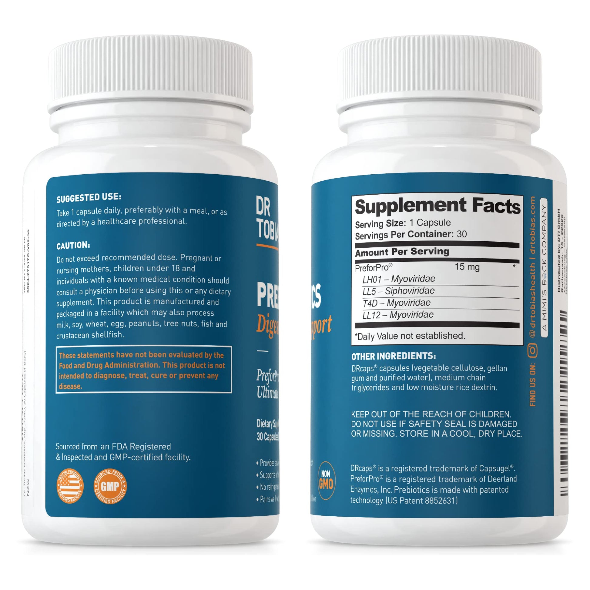 Dr. Tobias prebiotics digestive support bottle highlighting premium non-GMO formula.