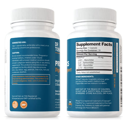 Dr. Tobias prebiotics digestive support bottle highlighting premium non-GMO formula.