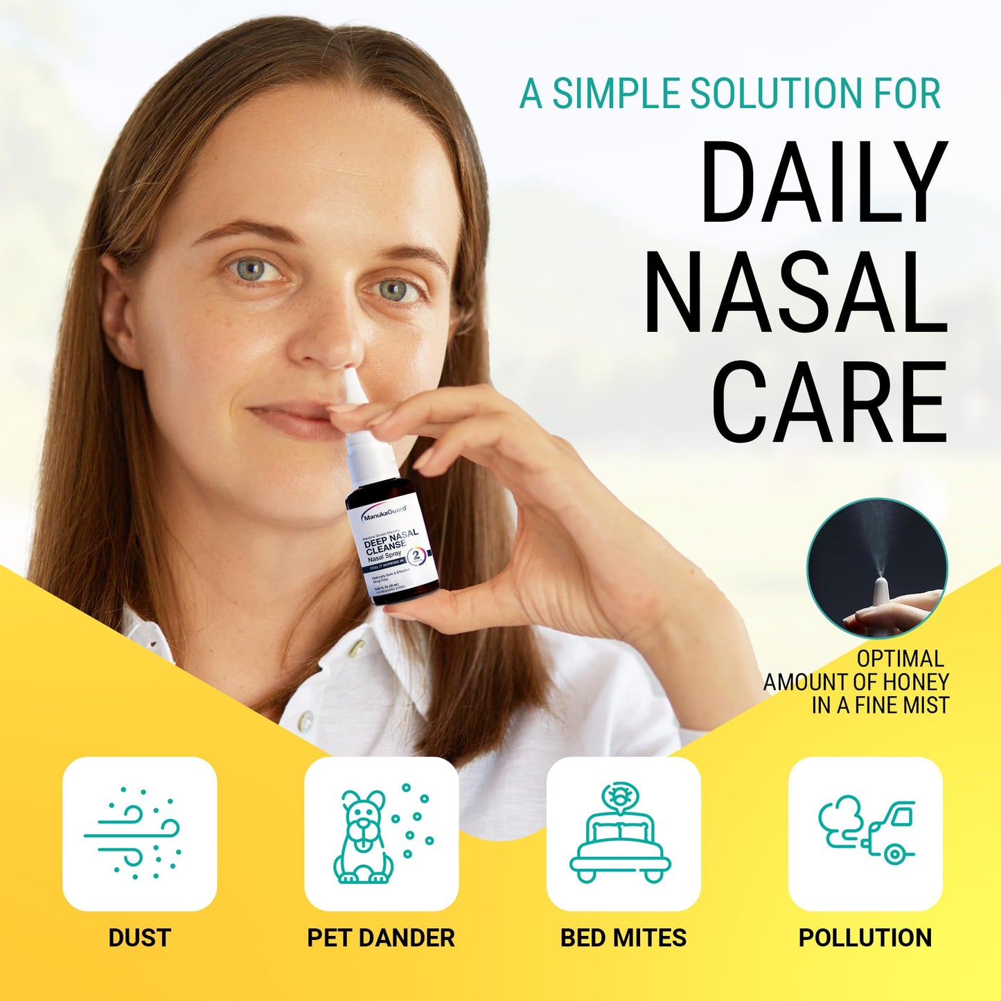 ManukaGuard honey nasal wash packaging emphasizing drug free allergy support.