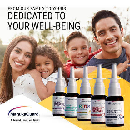ManukaGuard 0.65 fluid ounce nasal spray bottle for daily environmental defense.