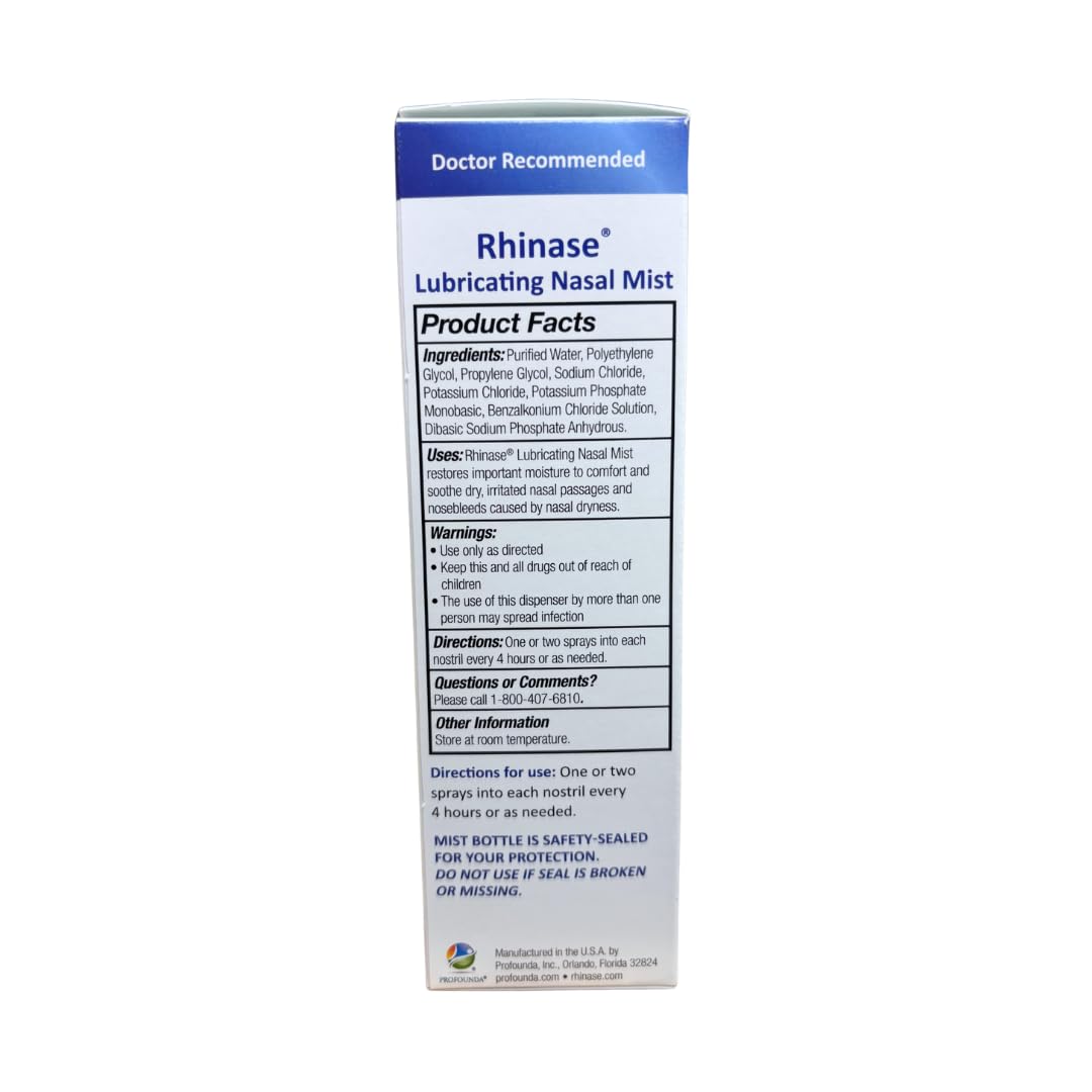 Rhinase Moisturizing Saline Nasal Spray one ounce bottle displaying the steroid-free allergy relief formula.