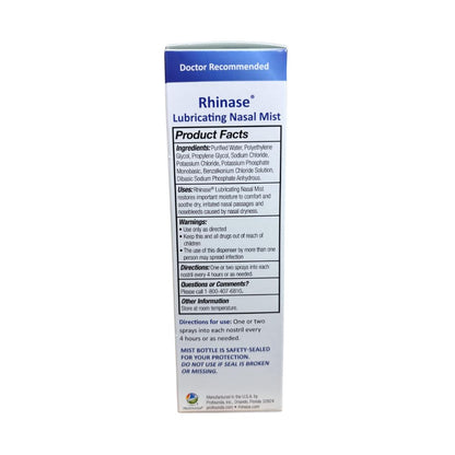 Rhinase Moisturizing Saline Nasal Spray one ounce bottle displaying the steroid-free allergy relief formula.