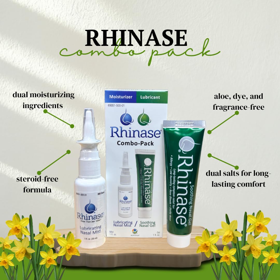Close-up of Rhinase Nasal Gel and Mist set emphasizing the pH balanced 6.2 comfort feature for sensitive noses.