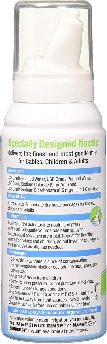 Side view of NeilMed children saline mist bottle detailing ingredients and instructions
