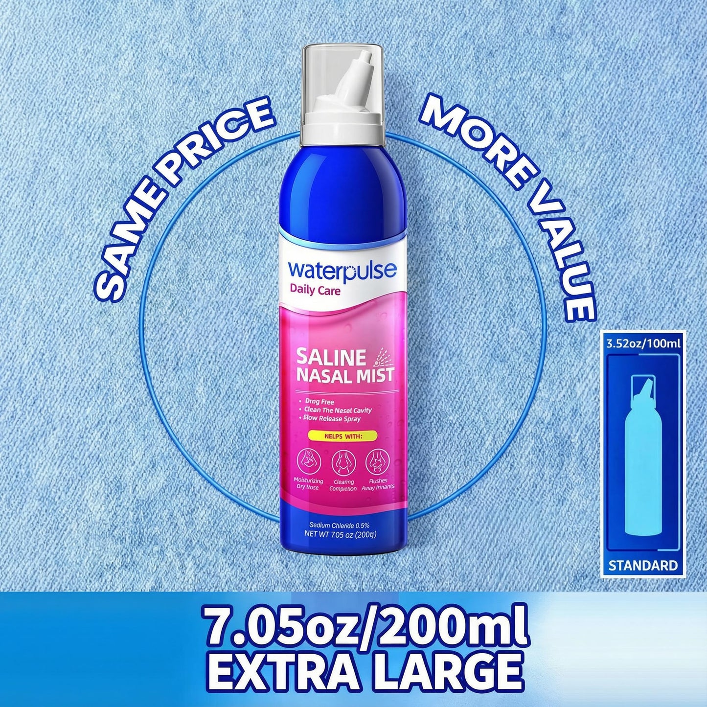 Waterpulse isotonic nasal spray white bottle with pink branding and blue cap