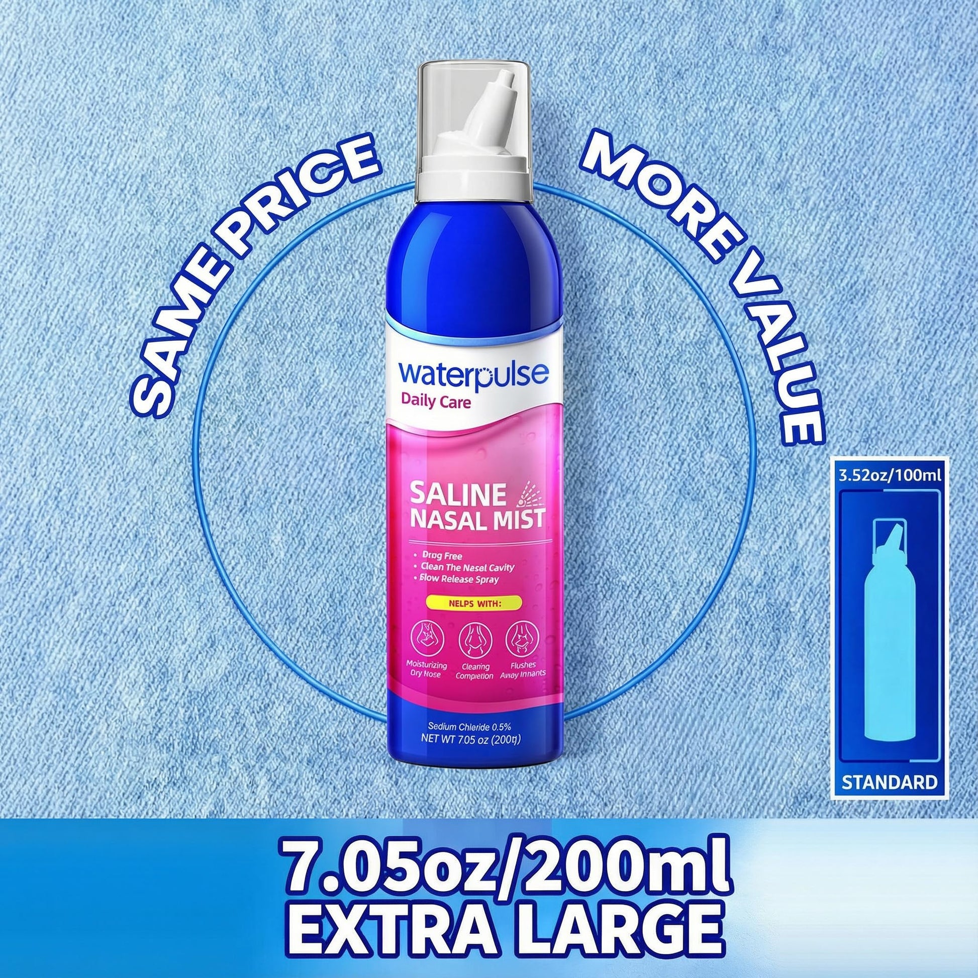 Waterpulse isotonic nasal spray white bottle with pink branding and blue cap