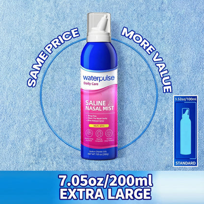 Waterpulse isotonic nasal spray white bottle with pink branding and blue cap