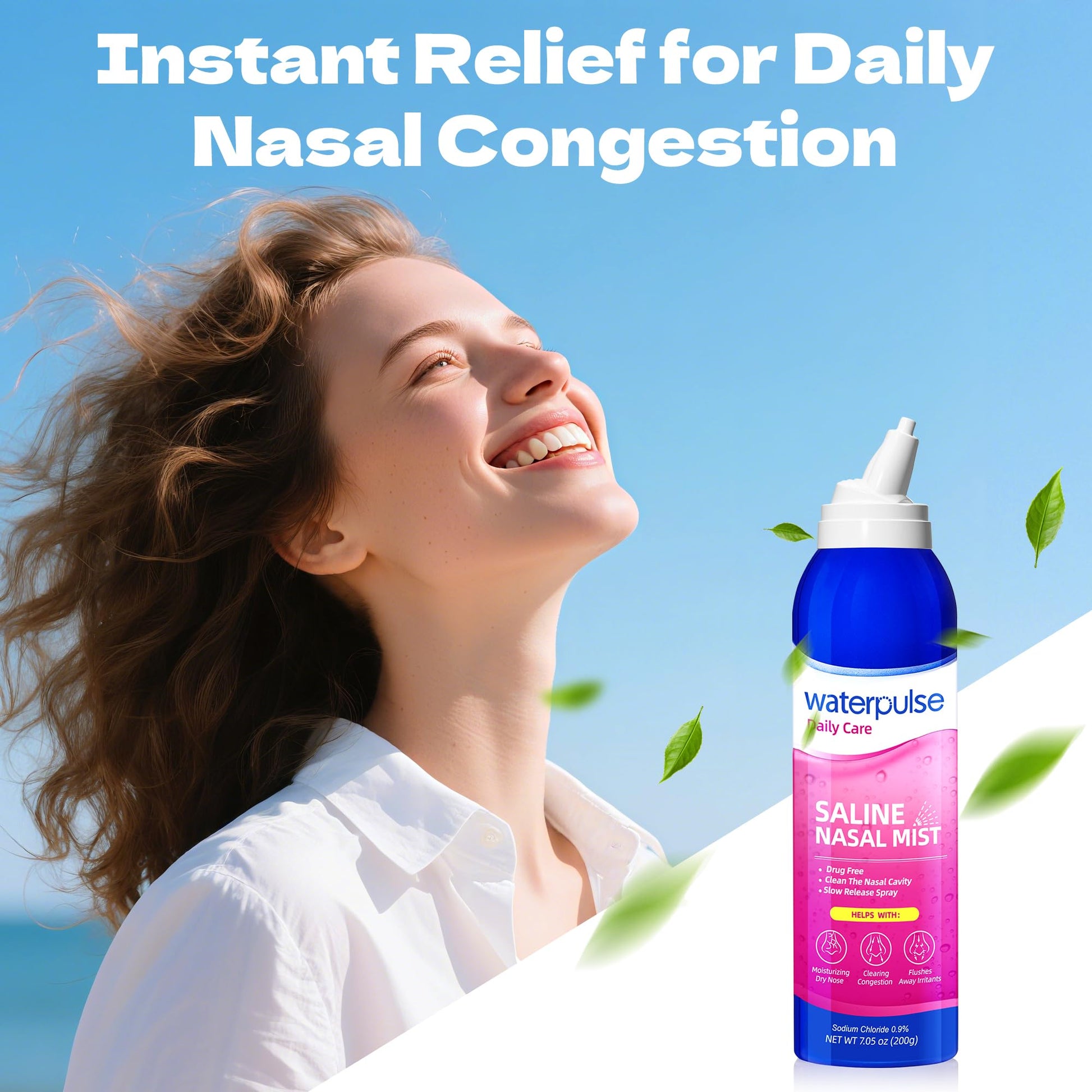 Waterpulse drug free nasal relief spray fine mist nozzle application close up