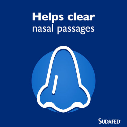 Sudafed sinus pressure and blocked nose relief spray packaging on a clean background.