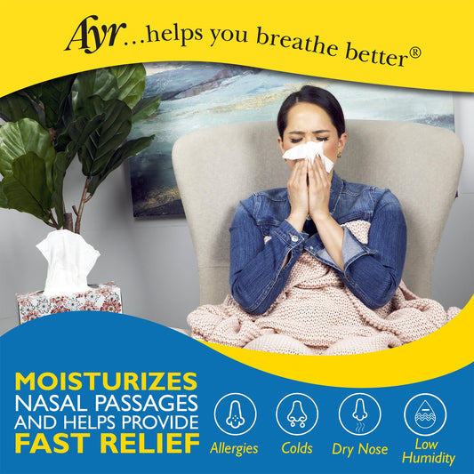 Ayr Saline Nasal Mist packaging details showing the non medicated formula.