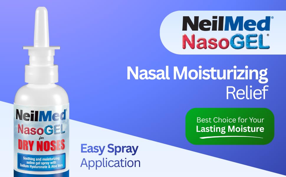 NeilMed NasoGel moisturizing gel spray packaging showing aloe vera and sodium hyaluronate ingredients.