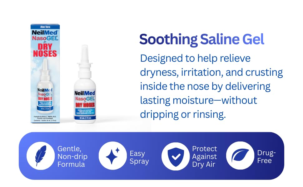Side profile of NeilMed NasoGel drug-free saline spray bottle detailing the drip-free application nozzle.