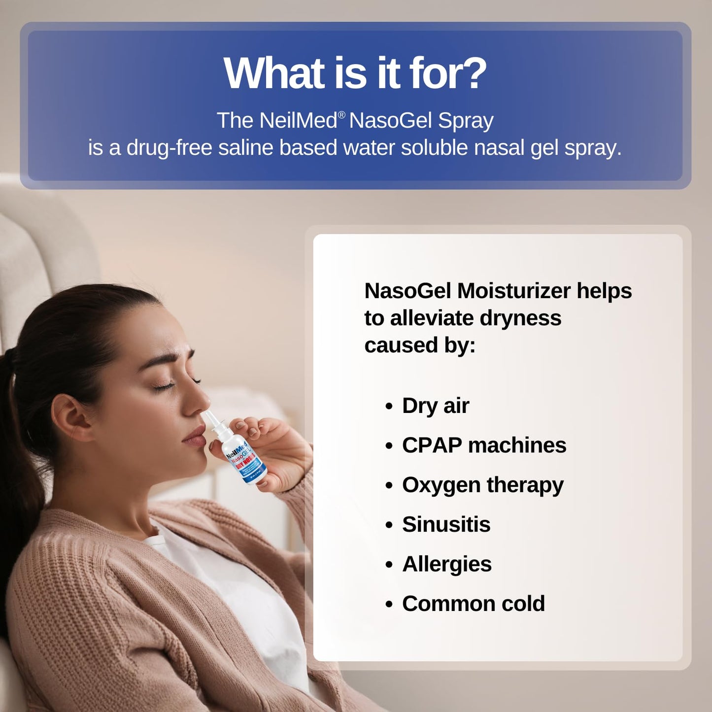 Close-up of NeilMed NasoGel hydrating nasal gel spray showing product specifications and volume details.