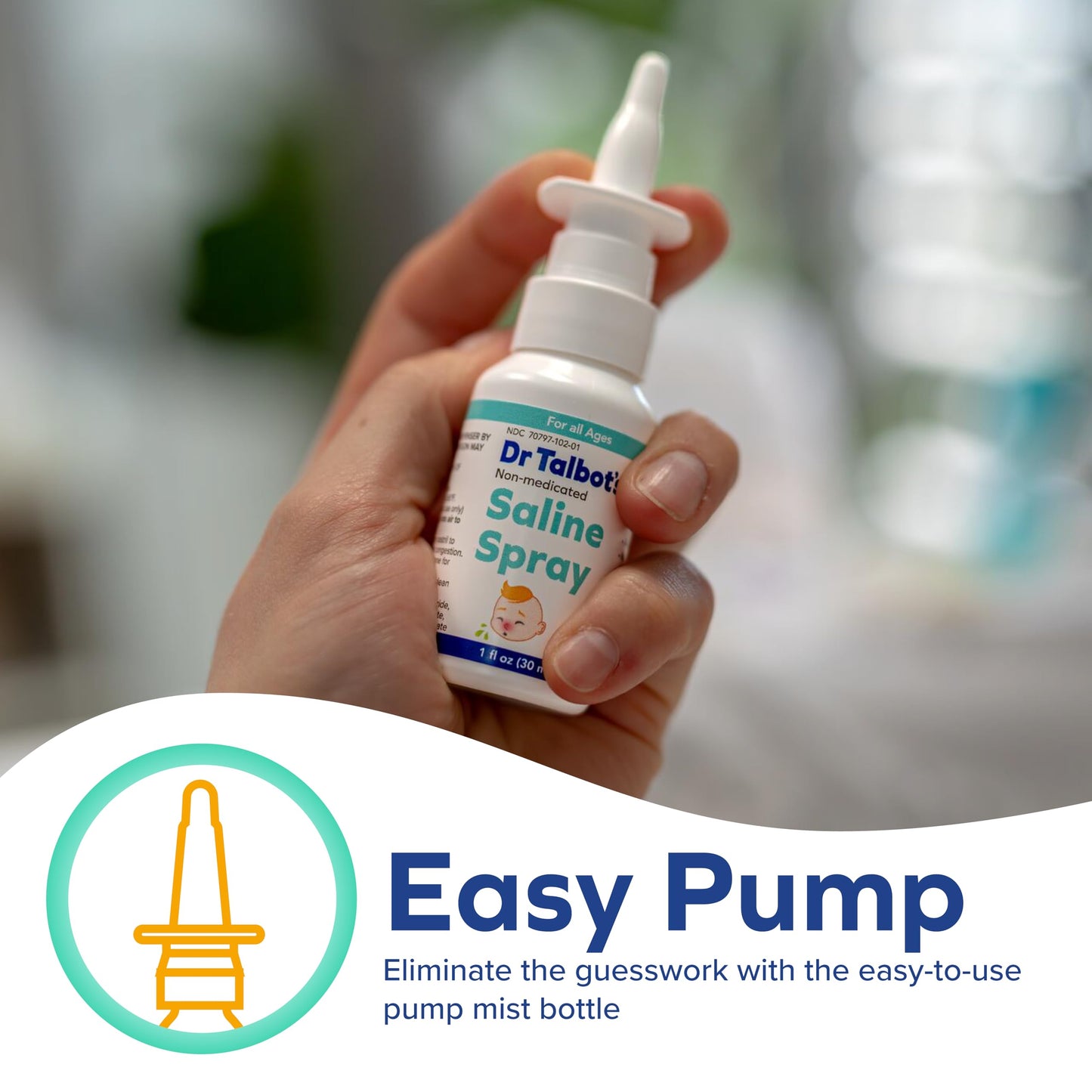 Dr. Talbot's baby saline solution bottle used upside down as nasal drops