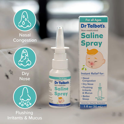 Back label of baby saline spray highlighting paraben-free and alcohol-free ingredients